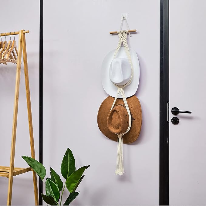 Yulejo Macrame Hat Hangers Boho Hat Rack Cowboy Hat Hanger Back of Door Hat Organizer (White,Two Hats Style)