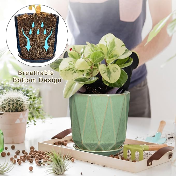 Oairse Ceramic Pots for Plants, 8+6 inch Plant Pots with Drainages Holes & Saucers Large Sage Green Ceramic Planters Decorative Flower Pot for Indoor Plants Outdoor Inoor