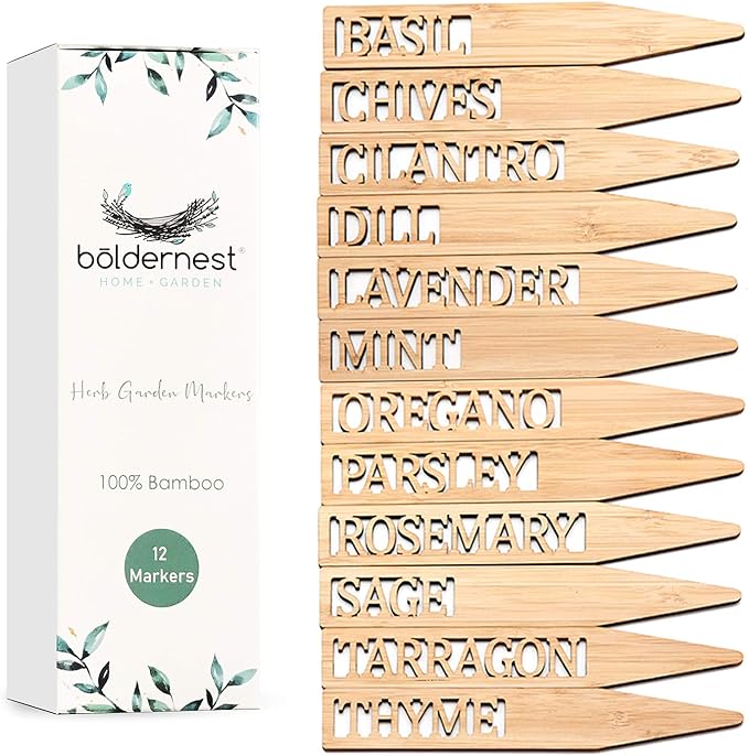 Bamboo Herb Markers - Set of 12 Beautiful Garden Labels - Sturdy Outdoor Garden or Potted Herb Markers