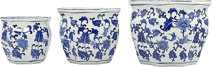 Galt International Blue & White Round Fluted Floral Porcelain Ceramic Plant Flower Planter Pot Set of 3 (7.5", 10", 13") Garden Pots Chinese Asian Design