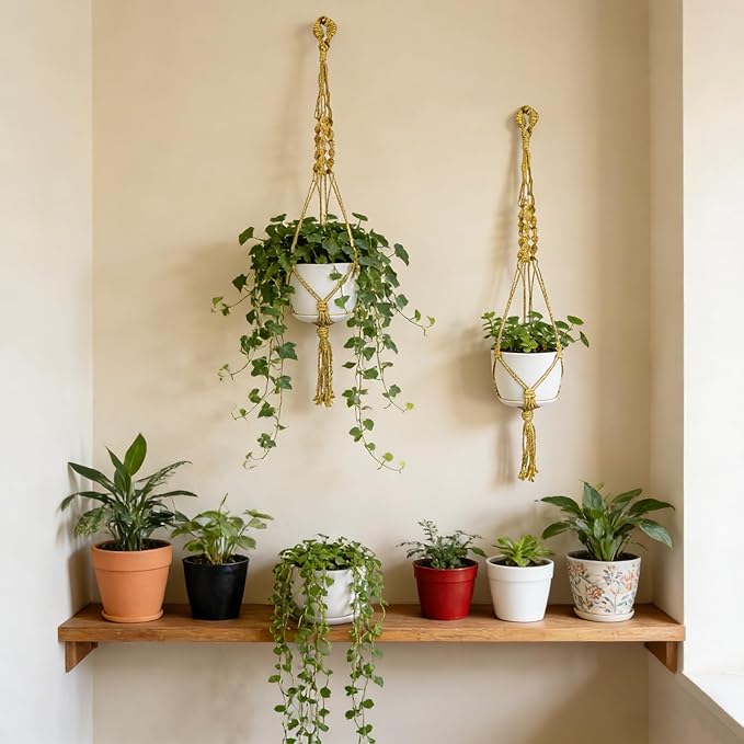Nomylunota Macrame Plant Hanger with Boho Beads Handmade Hanging Planter Crochet Plant Holder(35.4 inches,2 Yellow)