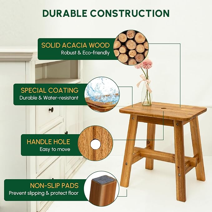 BEEFURNI Rectangular Acacia Wood Stool, Small Bench Seat, 18 Inch Stool, Wood Bathroom Vanity Bench, Plant Stand Indoor, 350 LBS Load Capacity, 1-Year Manufacturer Warranty (Natural Acacia)