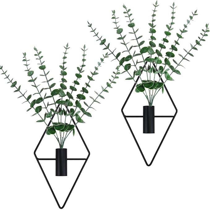 GREENTIME 2 Pack Hanging Plants Faux Eucalyptus with Black Diamond Metal Hanging Vase for Teacher Appreciation Living Room Bedroom Boho Kitche Wall Shelf Outdoor