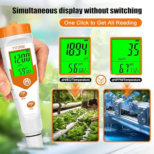 pH Meter for Hydroponics PPM EC Meter for Plant Nutrients Simultaneous Measurement of pH Conductivity TDS Temperature for Reservoir Tank Water DWC Aeroponic Garden Indoor Outdoor Growing
