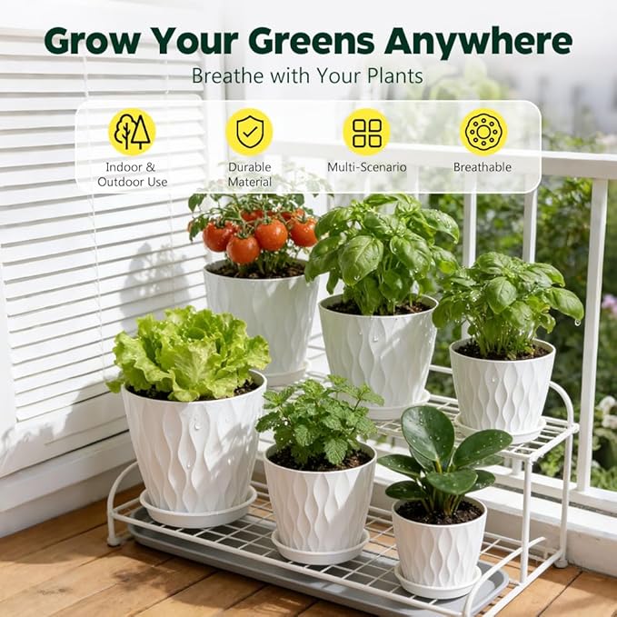 Plant Pots, Self Watering Planters with Drainage Holes and Trays, Flower Pots for Indoor Outdoor - 6 Pack(4/5/6/6.5/7/8 Inch) (White)