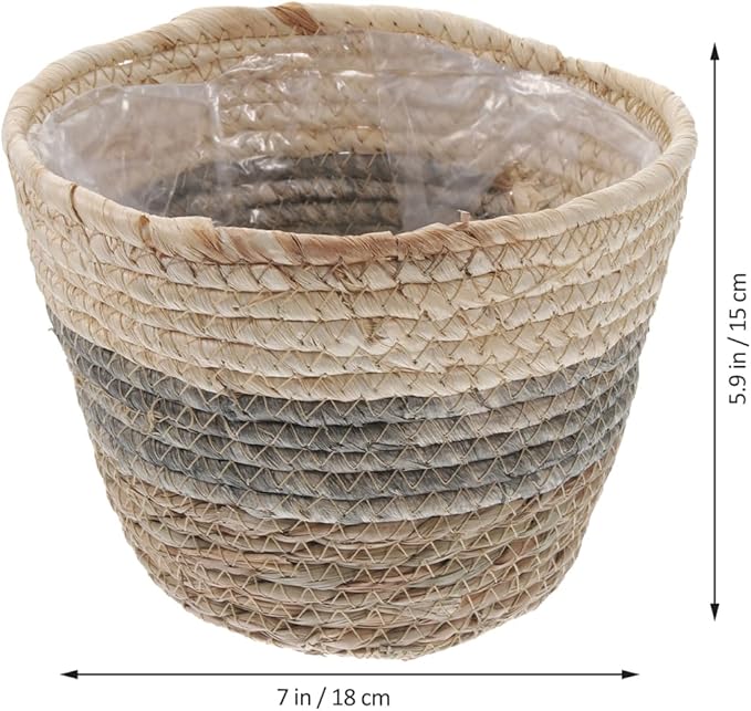 Healeved 2PCS Seagrass Plant Basket with Liner for Indoor Plants Rattan Pots 6inch Weaving Straw Planter Baskets Wicker Small Rustic Decorative Flower Pots for Desktop