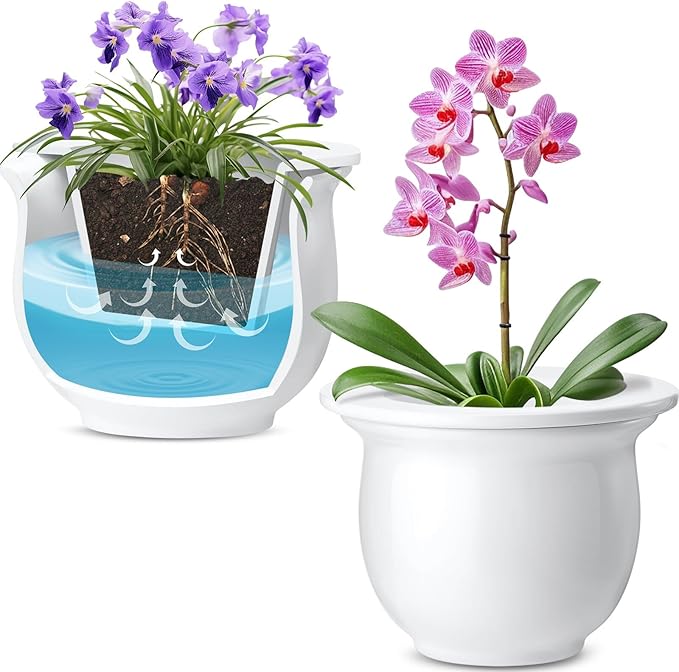 Suclain 2 Pack Ceramic African Violet Pots Self Watering Plant Pot Effortless Self Watering Plant Flower for Busy Lovers, Indoor(White,6.5 Inch)