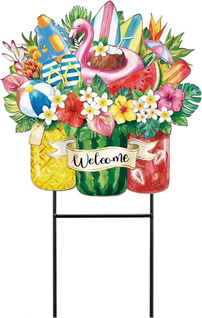 Amyhill Summer Tropical Outdoor Decor Garden Stakes Metal 25 Inch Hawaiian Luau Welcome Yard Signs Decorations Outdoor Tropical Decorative Garden Stakes Patio Lawn Walkway Backyard Porch Decorations