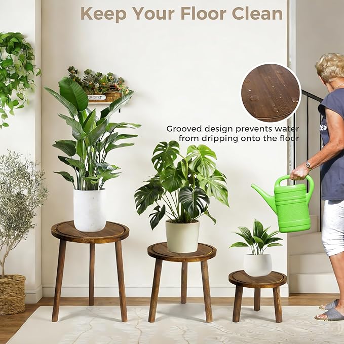 Janedream 3-Pack Wooden Plant Stands, Small Indoor Plant Stool Set, Round Wood Flower Pot Holders for Corner Display, Living Room, Balcony & Office