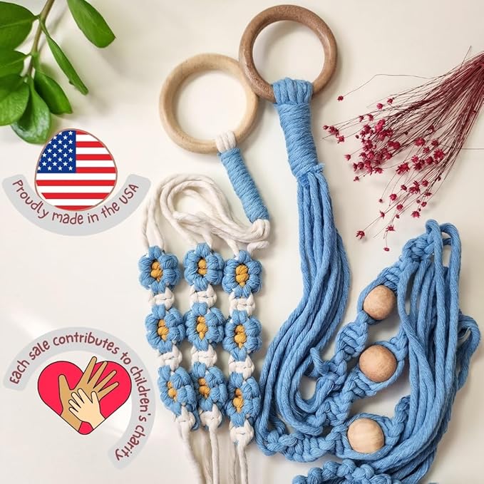 Set of 2 Macrame plant hanger with Daisies & Beads | Hanging plant holder Macrame Plant hangers outdoor and indoor hanging planters Plant stand indoor Boho Decor hanging planter stand (Cloudy Day)