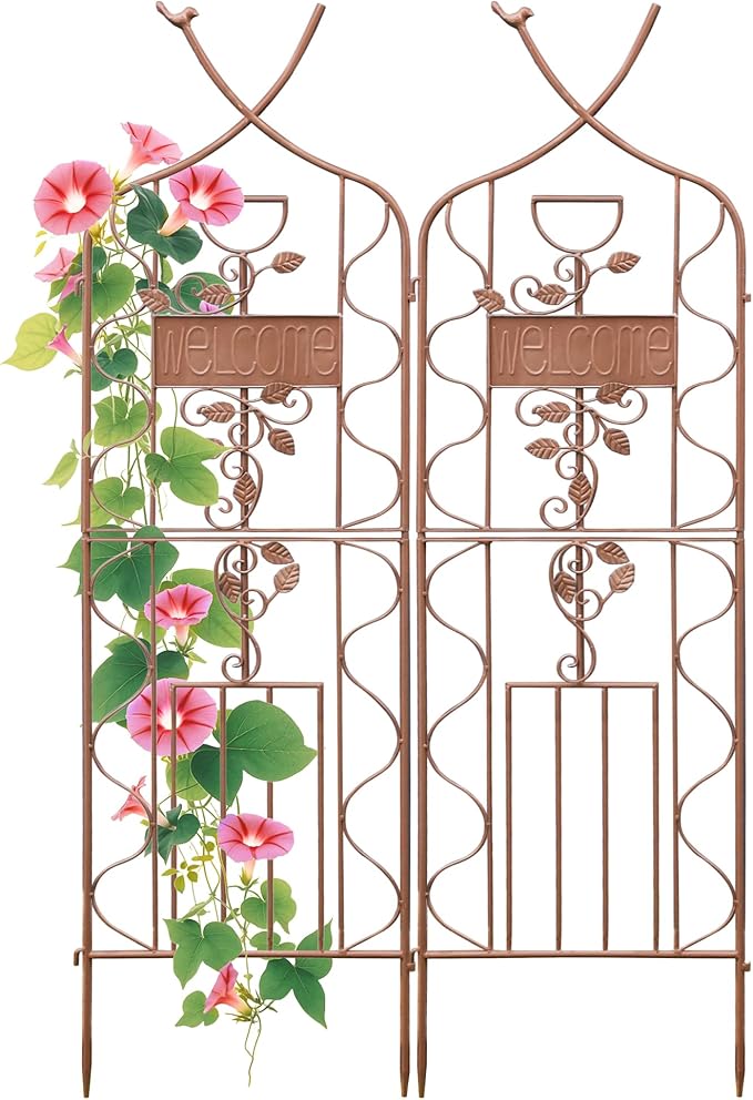 LZRS 2 Pack 59.5 * 18in Rustic Iron Arch Decoration Garden Trellis with Metal Coating – Perfect for Supporting Climbing Plants Outdoor, Roses, Vines, Flowers, and Vegetables, Brown