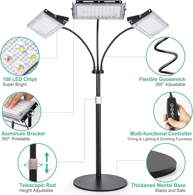 LBW Grow Light for Indoor Plant,Full Spectrum Tri-Head Desk Plant Light,Grow Lamp with 3H/6H/12H Timer,6-Level Brightness,3 Lighting Mode,Height Adjustable,Flexible Gooseneck,Ideal for Indoor Growth