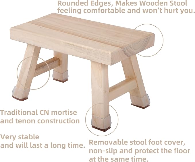 Wooden Step Stool fo Kids Handcrafted Solid Wood Stool with Chamfered Edges, 11" L x 7" H x 7.6" W - Multi-Functional Footrest, Small Step Stool with Anti-Slip Caps - Durable and Sturdy