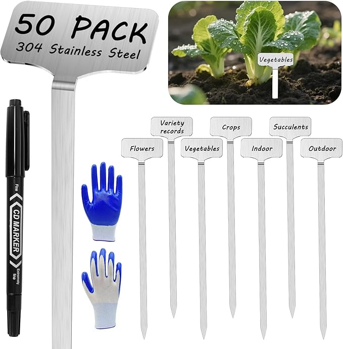 304 Stainless Steel Plant Label, 50 Waterproof Metal Plant Label Stakes and Marker Pen, 7.87" Garden Markers for Outdoor Indoor Plants Identification.