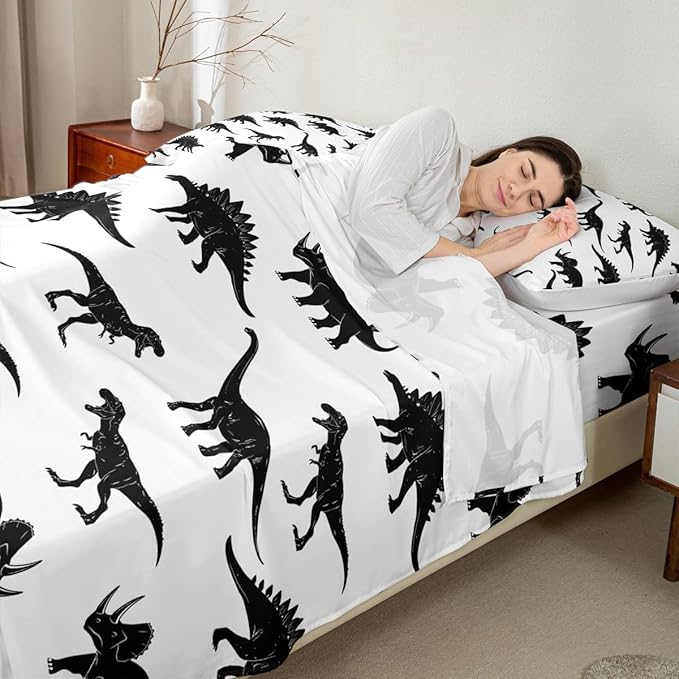 Feelyou Boys Queen Size Kids Dinosaur Sheets - Soft and Cozy Jungle Animal Pattern Bedding for Children Girls Toddler Bedroom - White Black Wild Dino Bed Set