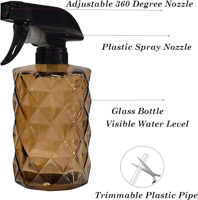 Glass Plant Mister Bottle, 12oz Handheld Refillable Leak Proof Water Spray Bottle, Brown Watering Can with Adjustable Nozzle for Indoor Plants, Spring Gardening,Cleaning, Hair, Pets Care