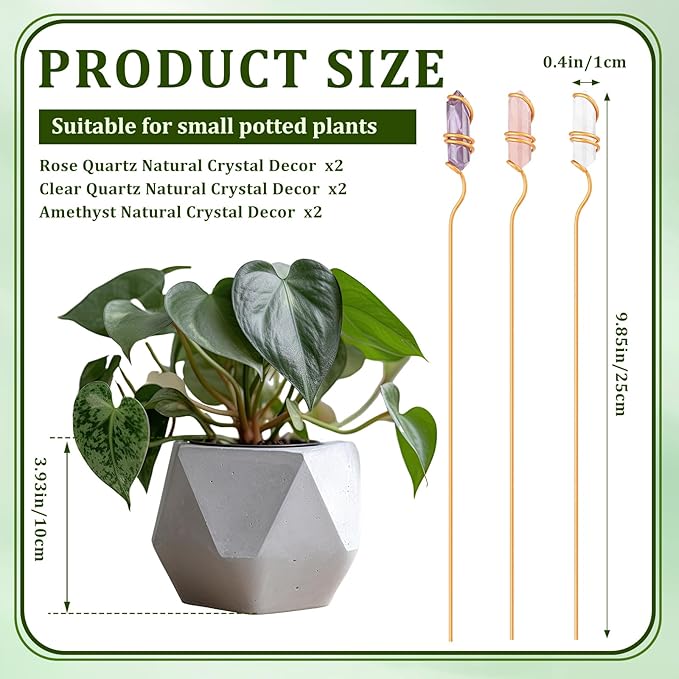 Threehoney 6 Pcs Crystal Plant Trellis for Potted Plants, 9.84'' Metal Plant Stakes with Natural Crystal Suncatcher, Indoor Outdoor Climbing Vegetation Support Stake for Home Garden Decor Mothers Gift