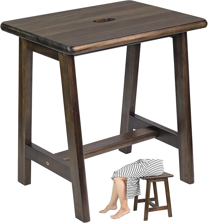 Acacia Wood Stool - Rectangular (16.7" D x 13" W x 17.7" H) - Small Bench Seat, End Table, Bathroom, Plant, Makeup Stool - Walnut Color