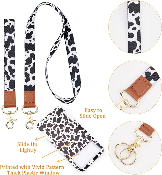 SUNNYCLUE 1 Box ID Badge Holder with Lanyard Breakaway Vertical Name Badge Holders ID Card Holders for Badges Tags Protector Black White Cow 2 Styles Safety Lanyards Wide Strap 360 Lobster Clasps