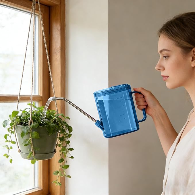 Ergonomic Handle Water Can, 1L Long Spout Watering Can for Indoor, Small Garden Watering Pot with Removable Sprinkler Head for Succulents, Herbs, Flowers, Balcony, Easy to Use (Blue)
