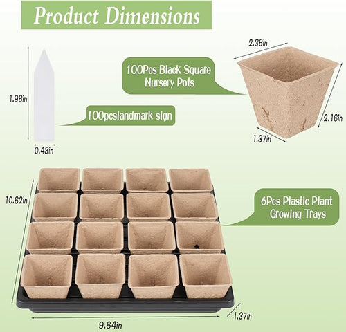 100 Pcs Square Nursery Pots with Drain Holes and 6 Pcs Plastic Plant Growing Trays and Plant Labels, Seed Starter Kit Propagation Tray Seed Starting Pots for Seedling Plant Growing
