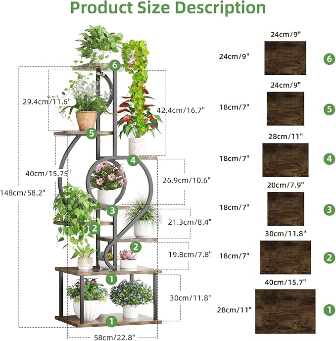 YAKANJ Plant Stand Indoor with Grow Light,8 Tiered Indoor Plant Stand,58" Tall Plant Flower Shelf,Creative Note Shaped Plant Holder for Home,Patio,Brown