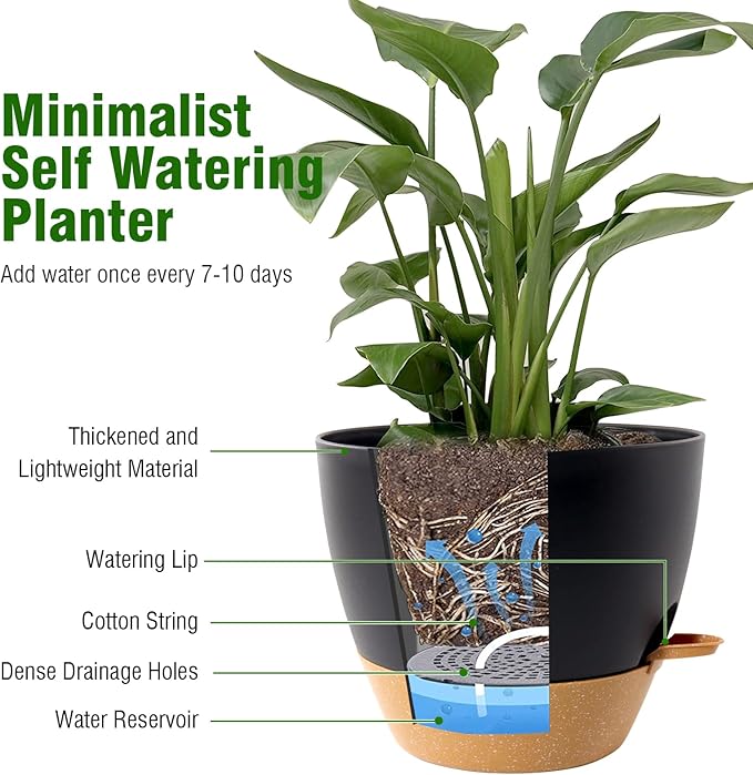 WSMKSZ 12/10/9 inch Large Self Watering Pots, Planter, Plant Pots with Mesh Drainage Holes for Indoor Outdoor Garden Plants, Plastic Flower Pots with Removable Deep Reservoir, Black with Brown