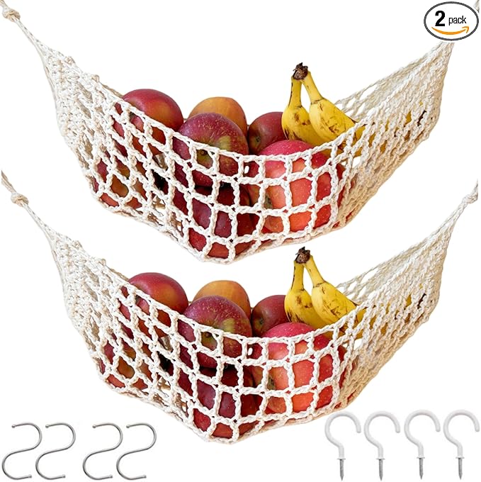 2-Pack Hanging Fruit Hammock with Hooks - Macrame Under Cabinet Veggie Banana Basket, Hand-Woven Boho Fruit Holder, Save Counter Space for Kitchen Home RV Boat (Ivory)