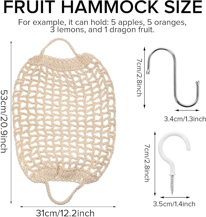 Hanging Fruit Hammock with Hooks Under Cabinet Macrame Basket for Kitchen Hand-Woven Boho Fruit Holder Net Organization Banana Basket for Home Dining Room Cabinet Decor Boat Camper Rv