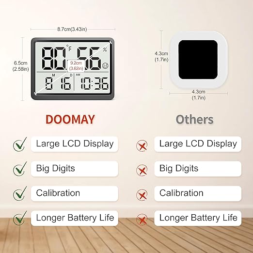 DOOMAY Digital Room Thermometer and Humidity Monitor with Calibration,High Accuracy Sensor Indoor Hygrometer with Date & Clock Desktop Magnet Sticky for Baby Room Greenhouse Guitar(Black)