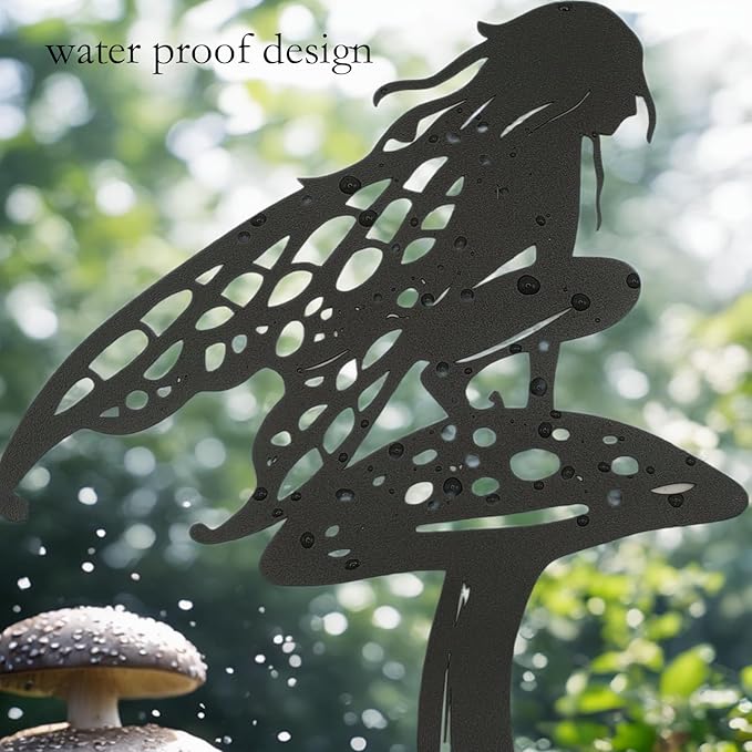 Decorative Garden Stakes， Fairy Garden Stakes, Butterfly Fairy Stakes for Weather Resistant Black Metal Outdoor Decorative Art for Women Gift (Matte Black, 6P-A)