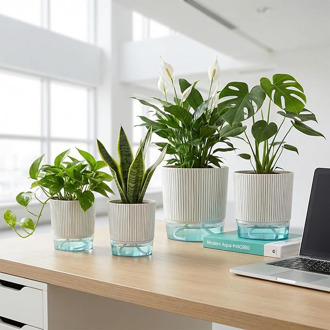 4 Pack Self Watering Pots Set, 4+5.5 Inch Self Watering Pots for Indoor Plants, Planter Pot with Wick Rope and Reservoir for African Violet, Spider Plant, Orchid