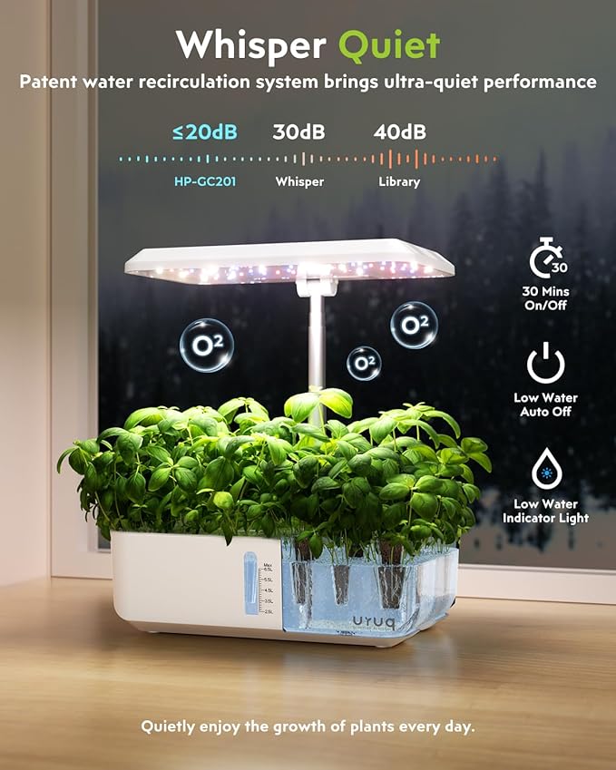 URUQ Hydroponics Growing System Garden: 12 Pods Indoor Gardening System with Custom Time Grow Light Height Adjustable Quiet Plants Germination Kit - Gardening Gifts White