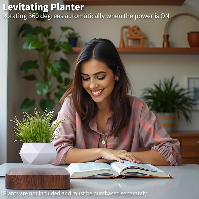 Levitating Plant Pot, Magnetic Levitating Planter 360°Auto-Rotating Floating Plant Levitating Display for Bonsai, Air Plants Cool Floating Desk Decor for Office, Living Room (Dark Brown)