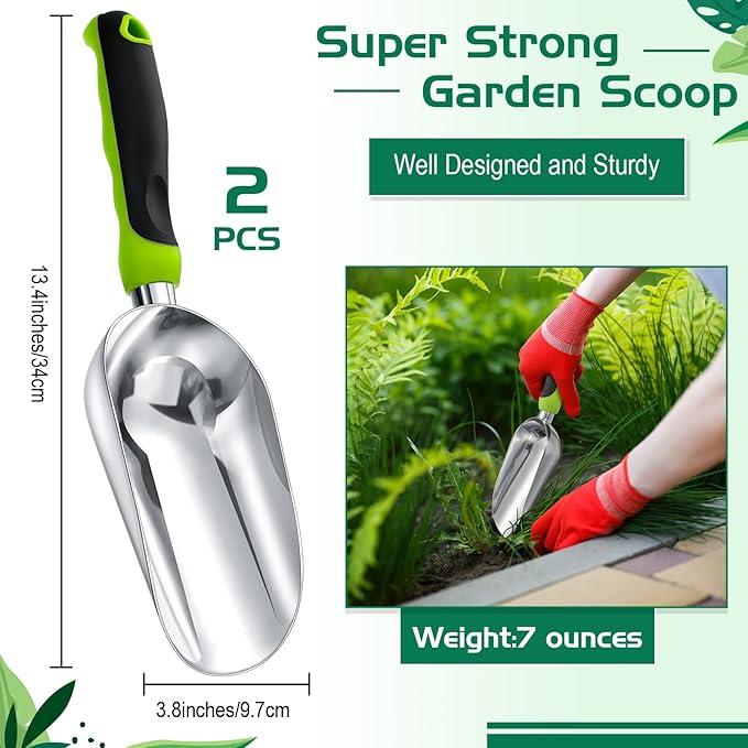2 Pcs Soil Scoop 13.39 x 3.82 Inch Aluminum Transplanter Trowel Bend Proof Garden Tools Large Heavy Duty Hand Shovel with Comfort Soft Non Slip Grip Handle Garden Gifts for Digging Fertilizer (Green)