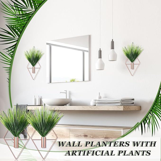 Canlierr 2 Pieces Wall Decor Hanging Planters with Artificial Plants Metal Hanging Vase Indoor Plants Holder Modern Boho Wall Art for Bathroom Bedroom Living Room Decor(Rose Gold,Aquatic Plant)