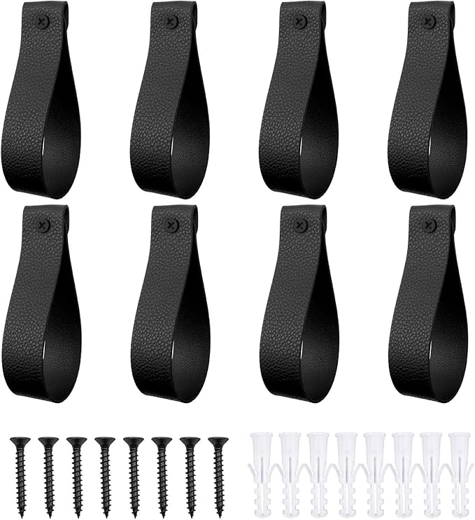 Curtain Rod Holders,Set of 8 Leather Curtain Rod Brackets with Screws,PU Curtain Rod Hangers Stylish Black Leather Straps Hooks for Wall Pole Macrame Boho Art Décor