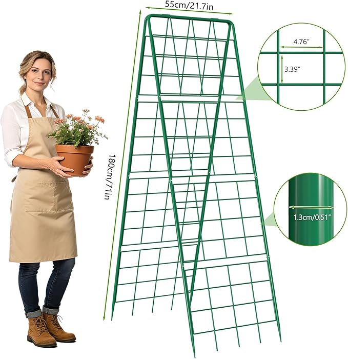 DoCred Cucumber Trellis, 71" H 2 Pack Metal Foldable Upgraded A Frame Garden Trellis for Raised Bed Climbing Plants, Vegetables, Including Plant Support Clips, Twist Ties, Plastic Ties, Green