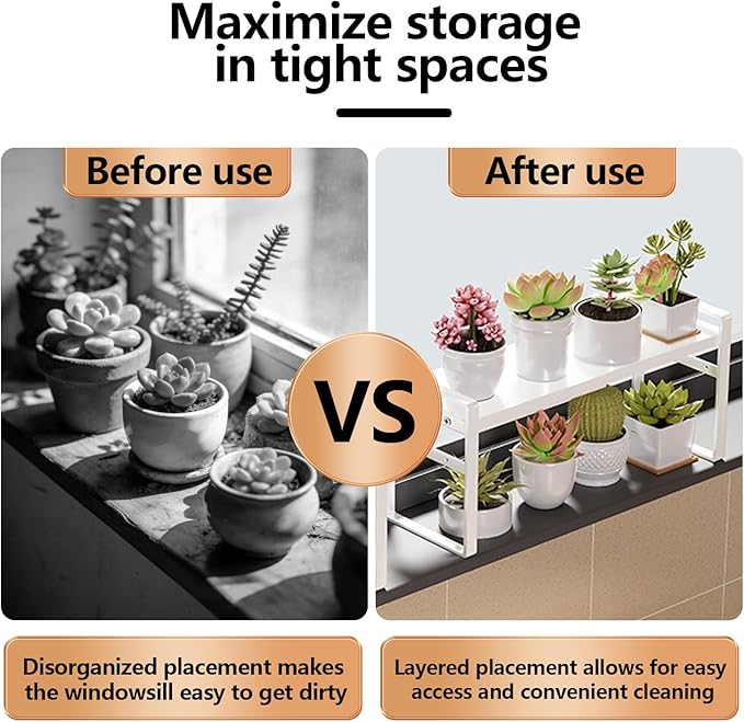 Retractable Over The Sink Shelf - Carbon Steel Window Sill Plant Shelves, Kitchen Counter Shelf for Plants & Storage Organization Accessories (White)