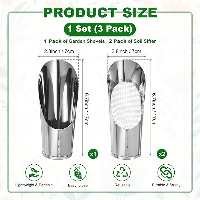 M METERXITY 1-Set Bonsai Soil Scoops, 2.8inch/7.2cm Stainless Steel Garden Soil Scoop Bucket Shovels and Soil Sifter for Transplanting/Flower Planting, Small Gardening Tools [Silver Tone]