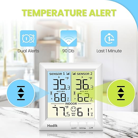 Hodik Digital wireless Thermometer, Fridge Freezer Alarm Thermometer Digital with 3 Adjustable Backlight and 330FT Remote Range for Kitchen Home Restaurant