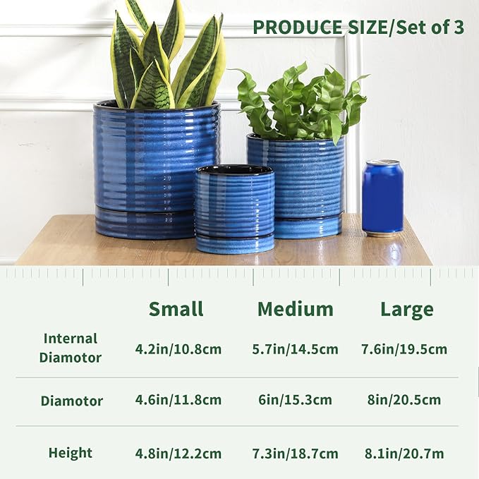 HASENSE 3 Piece Ceramic Plant Pots, 8/6/4.6 Inch, Indoor Pot for Plants with Drainage Holes and Saucer, Modern Flower Planter for Home Office, Rective Glaze Blue