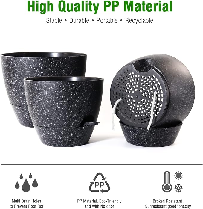 UOUZ Large Self Watering Pots, 12/10/9 Plastic Planters with High Drainage Holes and Deep Reservoir for Indoor Outdoor Garden Plants and Flowers, Black Speckles