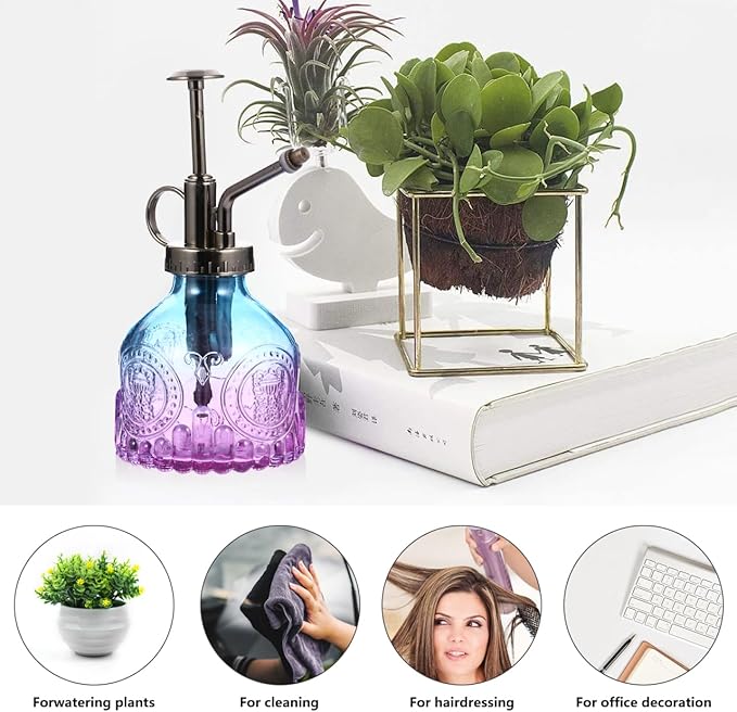 UPKOCH Vintage Glass Plant Mister Indoor Spray Bottle, Blue Purple Small Misting Watering Can for Orchid Succulents, Decorative Sprayer