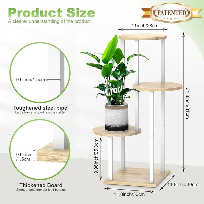 4 Tier Wood Tall Plant Stand Metal Rack Indoor, Multiple Flower Pot Holder Shelves Corner Rack, Round Planter Shelf Display Rack Storage Organizer for Patio Living Room Balcony(White+Oak)
