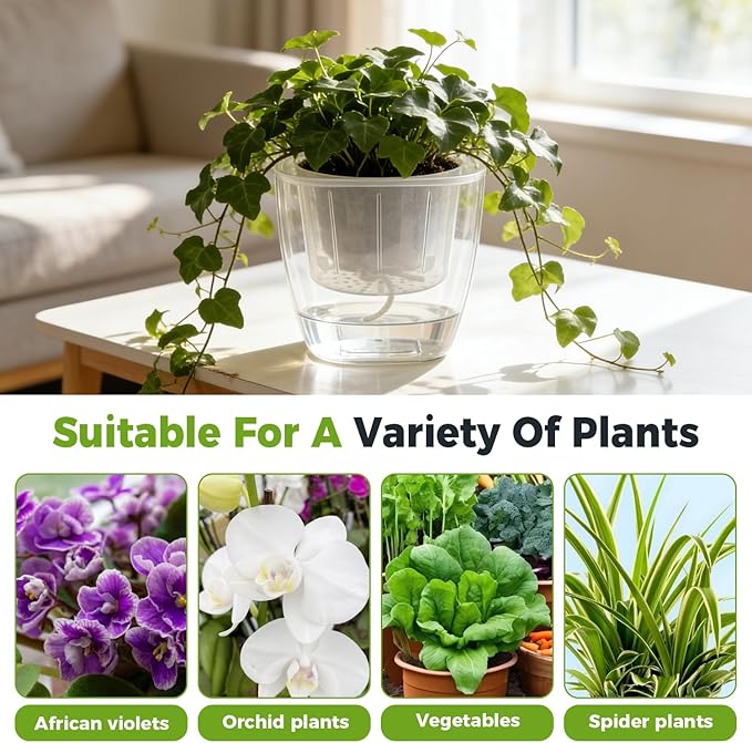 12-Pack Clear Self Watering Planters for Indoor Plants 7" Large African Violet Plant Pots Plastic Wick Flower Pots with Water Injection Hole, Orchid Plant Pot Set, Clear