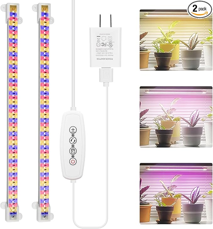 Mosthink Grow Lights for Indoor Plants Full Spectrum, Grow Light Strips with Auto Timer 3/6/12 H, Plant Lights with Red Blue White LEDs, 3 Lighting Modes,5 Dimmable Levels, 2 Packs,Updated Controller