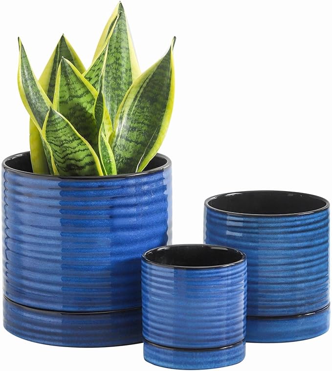 HASENSE 3 Piece Ceramic Plant Pots, 8/6/4.6 Inch, Indoor Pot for Plants with Drainage Holes and Saucer, Modern Flower Planter for Home Office, Rective Glaze Blue