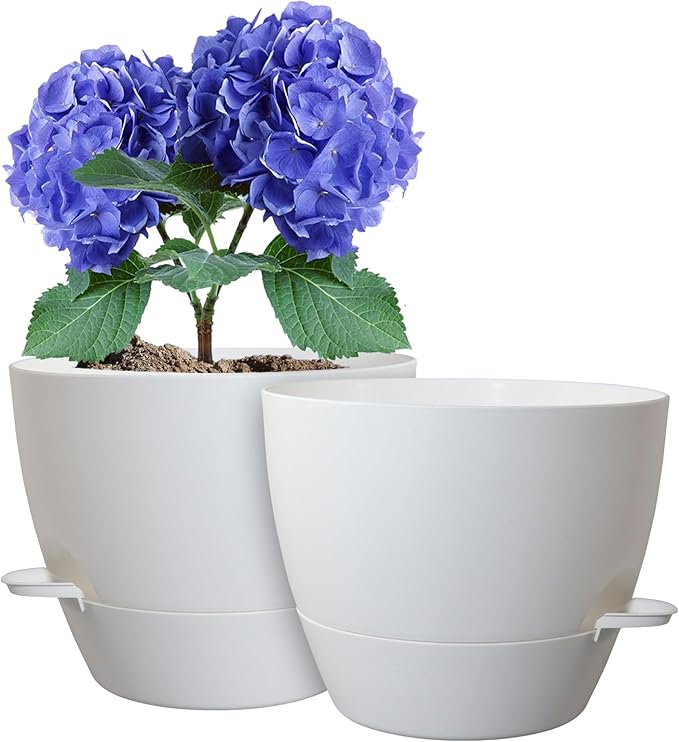 WSMKSZ 10 inch Self Watering Pots, 2 Pack Plastic Planters with Mesh Drainage Holes for Garden Plants and Flower, Plants Pots with Deep Reservoir for Indoor Outdoor Plants, White