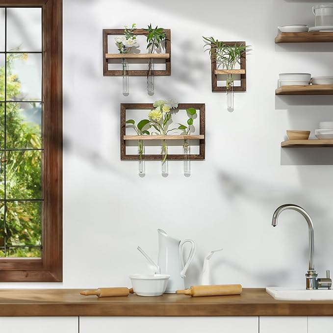 Wall Planter Propagation Stations - Hanging Glass Terrarium Tube Vase with Wood Shelf for Indoor Plants Cutting - Rustic Wall Decor for Farmhouse